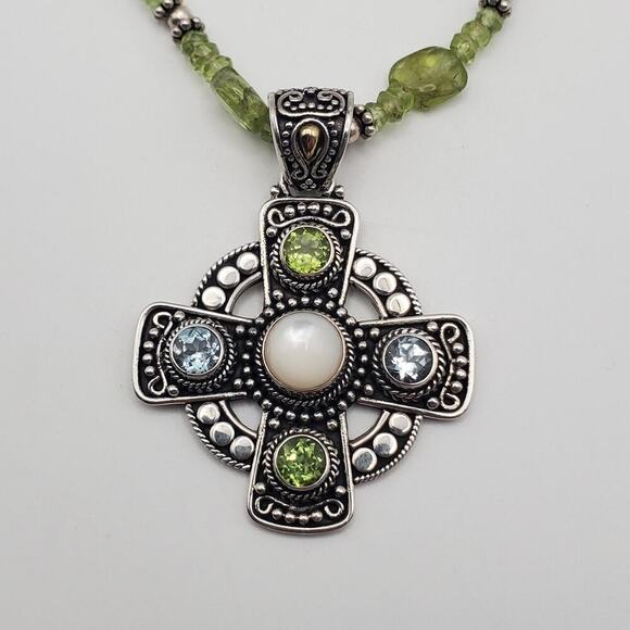 Suarti BA 925 Sterling Silver 18K Gold Topaz Peridot MOP Cross Pendant Necklace - Picture 2 of 7